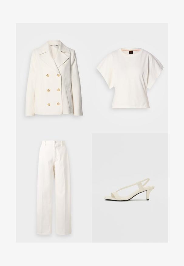 Double-breasted white coat in textured fabric, featuring large gold-tone buttons, notched lapels, and side pockets.; White cropped T-shirt, short wide sleeves, soft cotton material, round neckline with subtle orange trim, minimal design, no patterns or graphics.; White wide-leg pants made of cotton, featuring a front button closure, belt loops, and straight cut with no visible patterns.; Beige block-heeled sandals with thin straps and a square toe. Smooth material with minimal detailing, designed for easy wear.