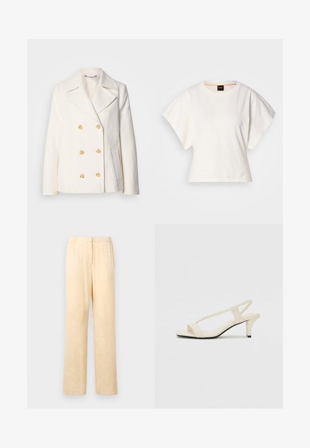 Kahekordne valge mantel tekstureeritud kangast, millel on suured kuldsete nuppudega, küljel olevad taskud ja nurgelised kraed.; Valge lühikeste laiadte varrukatega lühike T-särk, pehme puuvillane materjal, ümar kaelus kergelt oranži ääristusega, minimaalne disain, ilma mustrite ja graafikateta.; Heledad kollased, lõdvaks jäävad püksid, millel on peen lehepilt. Omavad elastset vöökoht ja sirge säärte disaini. Sile tekstuur.; Beez blok-kandadesed õhukeste rihmadega ja ruudukujulise varbaga. Sile materjal minimaalsete detailidega, kujundatud mugavaks kandmiseks.