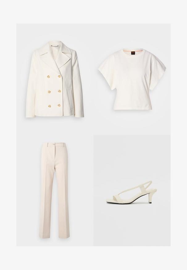 Dvojradový biely kabát z texturovanej tkaniny s veľkými zlatými gombíkmi, s klopami a bočnými vreckami.; Biely skrátený tričko, krátke široké rukávy, mäkký bavlnený materiál, okrúhly výstrih s jemným oranžovým lemovaním, minimalistický dizajn, bez vzorov alebo grafiky.; Béžové nohavice s rovnými nohami, so zapínaním na gombík, prednými skladmi a hladkým povrchom.; Béžové sandále na blokovom podpätku s tenkými pásikmi a štvorcovou špičkou. Hladký materiál s minimálnym detailovaním, navrhnuté pre ľahké nosenie.