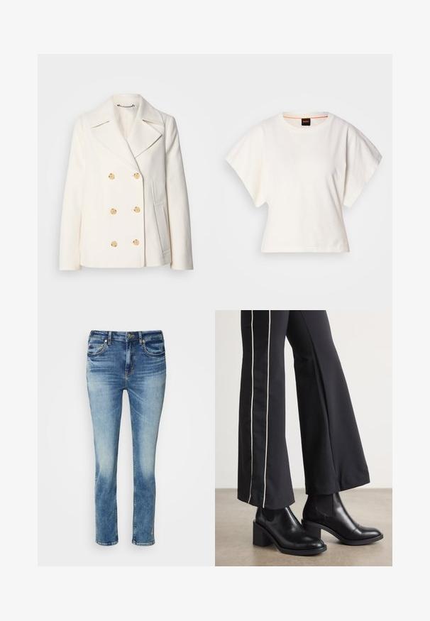 Palton alb cu două rânduri de butoane, realizat dintr-un material texturat, având butoane mari de culoare aurie, rever tip notch și buzunare laterale.; Tricou alb scurt, cu mâneci scurte și largi, din bumbac moale, cu decolteu rotund și un finisaj subtil portocaliu, design minimalist, fără modele sau grafice.; Jeans din denim de un albastru deschis, cu un design drept, o ușoară decolorare, stil cu cinci buzunare și broderie subtilă aproape de tiv.; Bocanci de piele negri până la gleznă, cu toc pătrat, având panouri elastice pe laterale. Asortați cu pantaloni negri care au o dungi albă pe lateral.