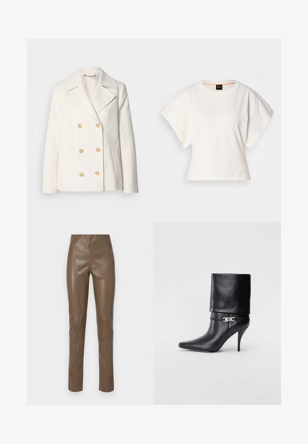 Abrigo blanco de doble botonadura en tejido texturizado, con grandes botones dorados, solapas con muesca y bolsillos laterales.; Camiseta blanca recortada, con mangas cortas y anchas, material de algodón suave, cuello redondo con un sutil ribete naranja, diseño minimalista, sin patrones ni gráficos.; Pantalones de cuero sintético marrón con una textura suave y brillante. Presentan una cintura alta y piernas rectas, con detalles de costura mínimos.; Botín de cuero negro hasta el tobillo con punta afilada, tacón alto de aguja, puño doblado y un detalle decorativo de hebilla dorada en el tobillo.