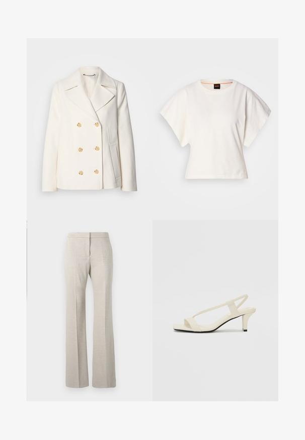 Διπλόχρωμο λευκό παλτό από υφή, με μεγάλα χρυσά κουμπιά, πτυχές και πλαϊνές τσέπες.; Λευκό κοντομάνικο μπλουζάκι, φαρδιές κοντές μανίκες, μαλακό βαμβακερό υλικό, στρογγυλή λαιμόκοψη με διακριτική πορτοκαλί λεπτομέρεια, μινιμαλιστικός σχεδιασμός, χωρίς σχέδια ή γραφικά.; Μπεζ φαρδιά παντελόνια με υφασμένο ύφασμα, διαθέτοντας επίπεδο μπροστινό μέρος, φαρδιές μπουτίκ και χωρίς ορατό υλικό.; Μπέζ σανδάλια με τετράγωνη μύτη και λεπτές λουρίδες. Ομαλή ύφανση με ελάχιστες λεπτομέρειες, σχεδιασμένα για εύκολη χρήση.