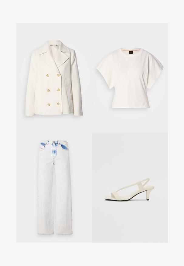 Double-breasted white coat in textured fabric, featuring large gold-tone buttons, notched lapels, and side pockets.; White cropped T-shirt, short wide sleeves, soft cotton material, round neckline with subtle orange trim, minimal design, no patterns or graphics.; Light blue wide-leg jeans made of denim with a faded wash. Features a front button closure, standard pockets, and subtle distressed details.; Beige block-heeled sandals with thin straps and a square toe. Smooth material with minimal detailing, designed for easy wear.