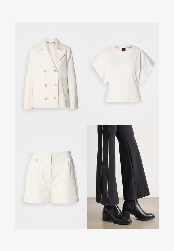 Double-breasted white coat in textured fabric, featuring large gold-tone buttons, notched lapels, and side pockets.; White cropped T-shirt, short wide sleeves, soft cotton material, round neckline with subtle orange trim, minimal design, no patterns or graphics.; White cotton shorts with a flat front, side pockets, front pleats, and a single button fastening at the waist. Tailored shape, smooth texture.; Black leather ankle boots with a block heel, featuring elastic side panels. Paired with black pants that have a white side stripe.