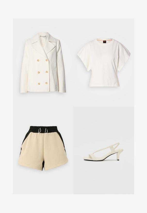 Dvipusė balta striukė iš tekstūrinio audinio, dekoruota dideliais auksinės spalvos mygtukais, su išpjautomis apykaklėmis ir šoninėmis kišenėmis.; Baltas trumpas marškinėliai, plačios trumpomis rankovėmis, minkšta medvilnė, apvali kaklo iškirptė su subtiliu oranžiniu apvadu, minimalus dizainas, be raštų ar grafikų.; Bežiniai ir juodi šortai su elastinga juosta, šoninėmis kišenėmis ir lygiu paviršiumi. Yra baltos raišteliai, leidžiantys reguliuoti dydį.; Kreminės blokų kulno šlepetės su plonomis dirželiais ir kvadratiniu pirštu. Lygus medžiaga su minimaliais akcentais, sukurtos lengvam dėvėjimui.