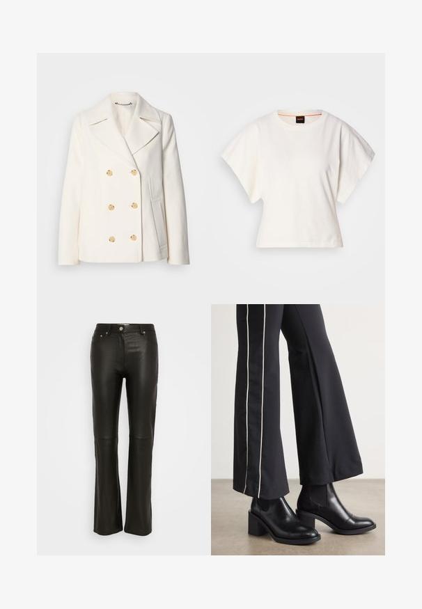 Kaksirivinen valkoinen takki, jossa on teksturoitu kangas, suuret kultasävytetyt napit, kauluksessa lovet ja sivutaskut.; Valkoinen lyhythihainen t-paita, leveät lyhyet hihat, pehmeää puuvillamateriaalia, pyöreä pääntie jossa hienovarainen oranssi reunus, minimaalinen muotoilu, ei kuvioita tai graafisia elementtejä.; Mustat keinonahkapantsit, joissa on leveä lahje, napitus, vyölenkit ja kaksi etutaskua. Sileä pinta ja kapea malli.; Mustat nahkasaappaat nilkkapituisilla, lohkareella, joissa on joustavat sivupaneelit. Yhdistetty mustiin housuihin, joissa on valkoinen sivuraita.