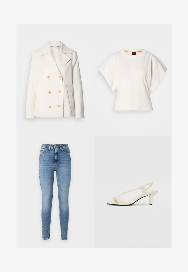 Kétgombos, fehér kabát textúrált anyagból, nagy arany színű gombokkal, csücskös gallérral és oldalzsebekkel.; Fehér, rövid, bő ujjú, crop szabású póló, puha pamut anyagból, kerek nyakkivágással, finom narancssárga díszítéssel, minimalista dizájn, minta vagy grafika nélkül.; Világoskék, skinny farmernadrág. Magas derekú, öt zsebes kialakítás, finom kopásos hatással és varrási részletekkel.; Beige színű, blokksarkú szandálok vékony pántokkal és négyzet alakú orral. Simább anyag, minimális részletezéssel, amely könnyű viselésre lett tervezve.