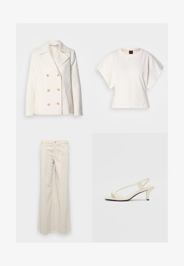 Dvipusė balta striukė iš tekstūrinio audinio, dekoruota dideliais auksinės spalvos mygtukais, su išpjautomis apykaklėmis ir šoninėmis kišenėmis.; Baltas trumpas marškinėliai, plačios trumpomis rankovėmis, minkšta medvilnė, apvali kaklo iškirptė su subtiliu oranžiniu apvadu, minimalus dizainas, be raštų ar grafikų.; Smėliniai plačiakelniai kelnių su glotnia tekstūra, puoštos sidabriniais blizgučiais, išdėstytais raštu per priekį ir nugarą.; Kreminės blokų kulno šlepetės su plonomis dirželiais ir kvadratiniu pirštu. Lygus medžiaga su minimaliais akcentais, sukurtos lengvam dėvėjimui.