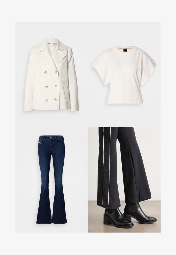 Casaco branco de duplo botão em tecido texturizado, com grandes botões em tom dourado, lapelas recortadas e bolsos laterais.; T-shirt branco cropped, mangas curtas e largas, material de algodão suave, decote redondo com um discreto acabamento laranja, design minimalista, sem padrões ou gráficos.; Jeans de boca de sino azul escuro com uma textura de denim suave, apresentando bolsos frontais, um fecho de botão e uma discreta etiqueta da marca na lateral.; Botas de tornozelo em couro preto com um salto bloco, apresentando painéis laterais elásticos. Combinadas com calças pretas que têm uma faixa lateral branca.