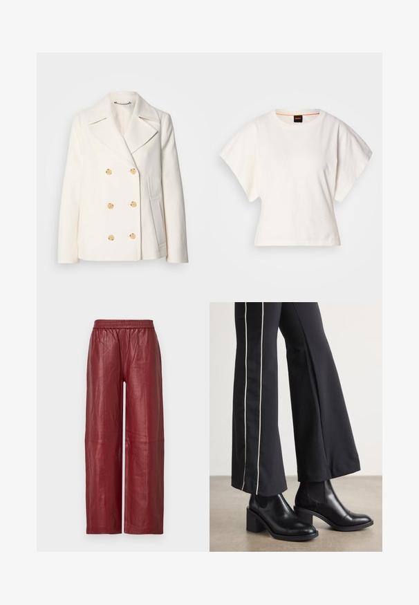 Doppeltknöpfiger weißer Mantel aus strukturiertem Stoff, mit großen goldfarbenen Knöpfen, Revers und seitlichen Taschen.; Weißes, kurzes T-Shirt, kurze weite Ärmel, weicher Baumwollstoff, runder Ausschnitt mit subtilen orangefarbenen Akzenten, minimales Design, keine Muster oder Grafiken.; Rote Leder-Hose mit weitem Bein, elastischem Bund und glatter Textur. Mit sichtbaren Nähten und einer lockeren Passform.; Schwarze Lederstiefeletten mit einem Blockabsatz, ausgestattet mit elastischen seitlichen Einsätzen. Kombiniert mit schwarzen Hosen, die einen weißen Seitenstreifen haben.