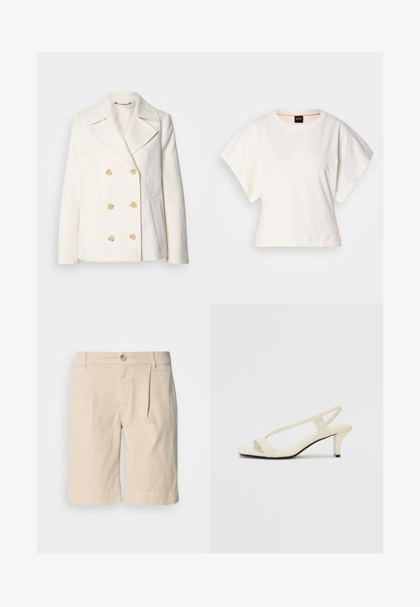 Double-breasted white coat in textured fabric, featuring large gold-tone buttons, notched lapels, and side pockets.; White cropped T-shirt, short wide sleeves, soft cotton material, round neckline with subtle orange trim, minimal design, no patterns or graphics.; Beige cotton shorts with a straight cut, featuring a folded hem and a single button closure. Designed with front pleats and side pockets.; Beige block-heeled sandals with thin straps and a square toe. Smooth material with minimal detailing, designed for easy wear.