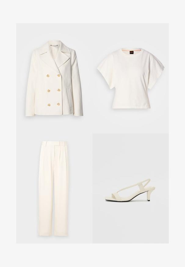 Dobbeltbrystet hvid frakke i struktureret stof med store guldfarvede knapper, spidsrevers og sidelommer.; Hvid cropped T-shirt, korte brede ærmer, blødt bomuldsstof, rund halsudskæring med diskret orange kant, minimalistisk design uden mønstre eller grafik.; Lys beige brede benbukser med en glat tekstur, der har forskydninger foran og en flad talje. Ingen synlige lukninger eller lommer.; Beige blokhælede sandaler med tynde remme og en firkantet tå. Glat materiale med minimal detaljering, designet til nem brug.