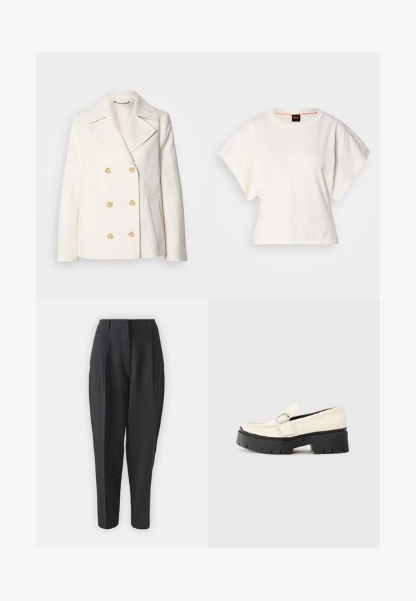 Manteau blanc croisé en tissu texturé, ornée de grandes boutons dorés, de revers crantés et de poches latérales.; T-shirt blanc cintré, manches courtes et larges, en coton doux, décolleté rond avec une discrète bordure orange, design minimaliste, sans motifs ni graphiques.; Pantalons noirs ajustés avec taille haute, plis et jambe fuselée. Tissu lisse sans motifs ni ornements visibles.; Loafer en cuir blanc avec une semelle plateforme noire épaisse, présentant une boucle rectangulaire en argent et des détails de couture visibles sur la tige.