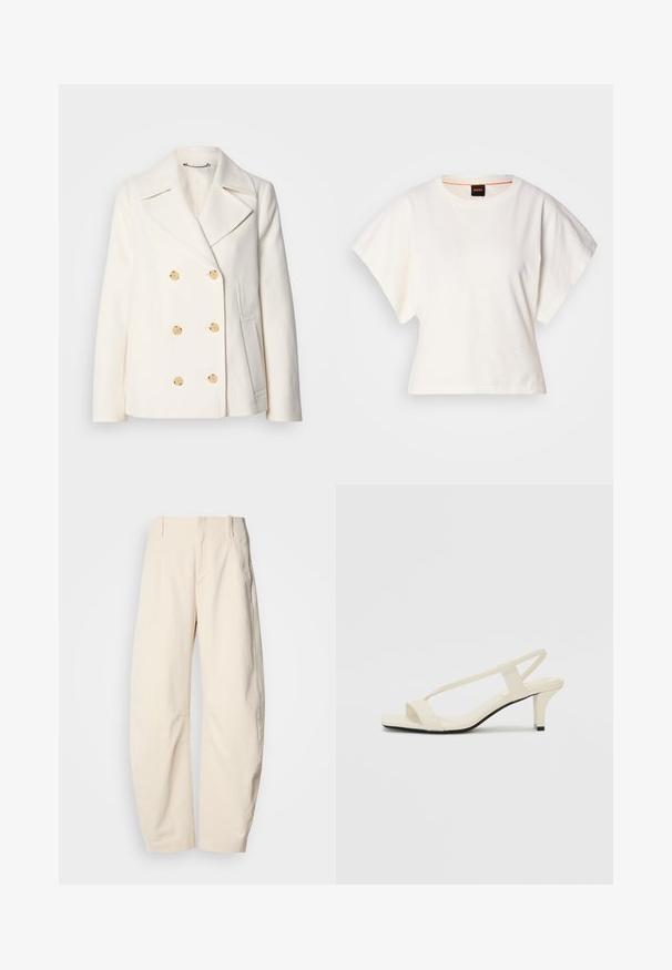 Abrigo blanco de doble botonadura en tejido texturizado, con grandes botones dorados, solapas con muesca y bolsillos laterales.; Camiseta blanca recortada, con mangas cortas y anchas, material de algodón suave, cuello redondo con un sutil ribete naranja, diseño minimalista, sin patrones ni gráficos.; Pantalones de color crema hechos de un material texturizado, con una cintura alta, piernas rectas y bolsillos laterales.; Sandalias de tacón cuadrado en color beige con tiras delgadas y punta cuadrada. Material suave con un diseño minimalista, diseñado para facilitar su uso.