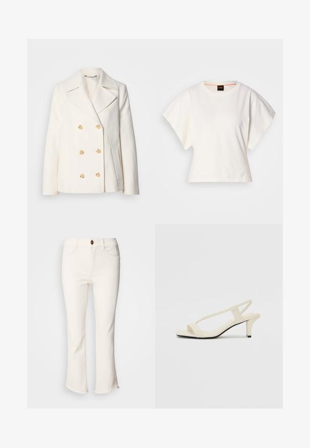 Dubultās krūšu baltas mētelis no teksturēta auduma, ar lieliem zelta toņa pogām, iegrieztiem uzgaļiem un sānu kabatām.; Balts īsais T-krekls, plašas īsas piedurknes, mīksts kokvilnas materiāls, apaļa kakla izgriezums ar delikātu oranžu apdari, minimāls dizains, bez rakstiem vai grafikām.; Baltas, īss zābakbikses ar izplestām apakšmalām. Aprīkots ar pogu aizdari, priekšējām kabatām un nedaudz izbalētu apakšmalu. Denimi audums.; Beige bloku papēžu sandales ar plānām siksnām un kvadrāta formas purngalu. Gluda materiāla virsma ar minimālām detaļām, paredzētas ērtai nēsāšanai.