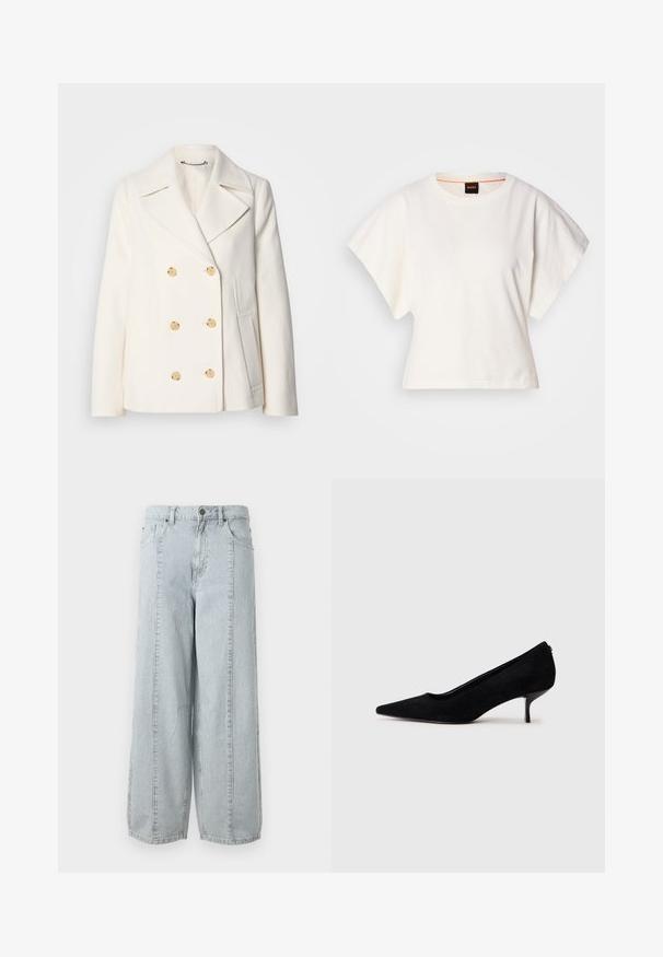 Kahekordne valge mantel tekstureeritud kangast, millel on suured kuldsete nuppudega, küljel olevad taskud ja nurgelised kraed.; Valge lühikeste laiadte varrukatega lühike T-särk, pehme puuvillane materjal, ümar kaelus kergelt oranži ääristusega, minimaalne disain, ilma mustrite ja graafikateta.; Heledad sinise tooni laiad teksad, mis on valmistatud denimist ja millel on vertikaalse triibustik, esipocketid ja nööbiga kinnitusega vöökoht.; Must musta kõrge kontsaga king, millel on terav varvas ja õhuke, madal konts. Sile tekstuur ja sujuv disain, ilma nähtava riistvarata.