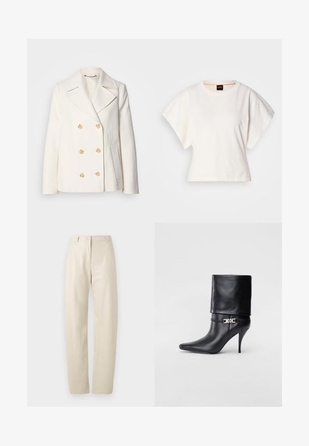 Kahekordne valge mantel tekstureeritud kangast, millel on suured kuldsete nuppudega, küljel olevad taskud ja nurgelised kraed.; Valge lühikeste laiadte varrukatega lühike T-särk, pehme puuvillane materjal, ümar kaelus kergelt oranži ääristusega, minimaalne disain, ilma mustrite ja graafikateta.; Beige sirged püksid nööp- ja tõmblukukinnitusega, vöölõhud ja küljetaskud valgel taustal.; Mustad nahast pahkluu saapad terava nina, kõrge stilettokanna, volditud äärega ja kuldse dekoratiivse pandlaga pahkluul.