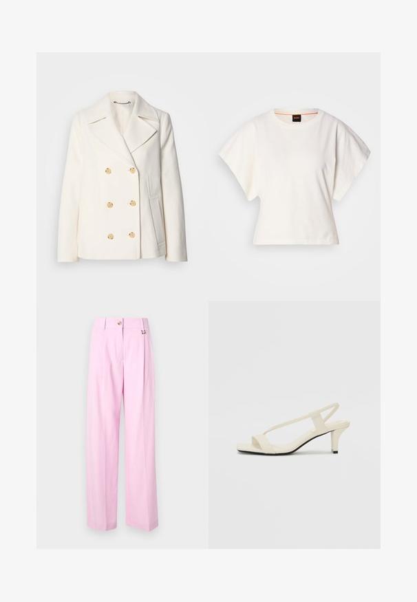 Kahekordne valge mantel tekstureeritud kangast, millel on suured kuldsete nuppudega, küljel olevad taskud ja nurgelised kraed.; Valge lühikeste laiadte varrukatega lühike T-särk, pehme puuvillane materjal, ümar kaelus kergelt oranži ääristusega, minimaalne disain, ilma mustrite ja graafikateta.; Heledad roosa, laiad püksid, millel on ees volditud väli, nööbiga kinnitamine ja metallist konksu aktsent. Sile tekstuur ja minimalistik disain.; Beez blok-kandadesed õhukeste rihmadega ja ruudukujulise varbaga. Sile materjal minimaalsete detailidega, kujundatud mugavaks kandmiseks.