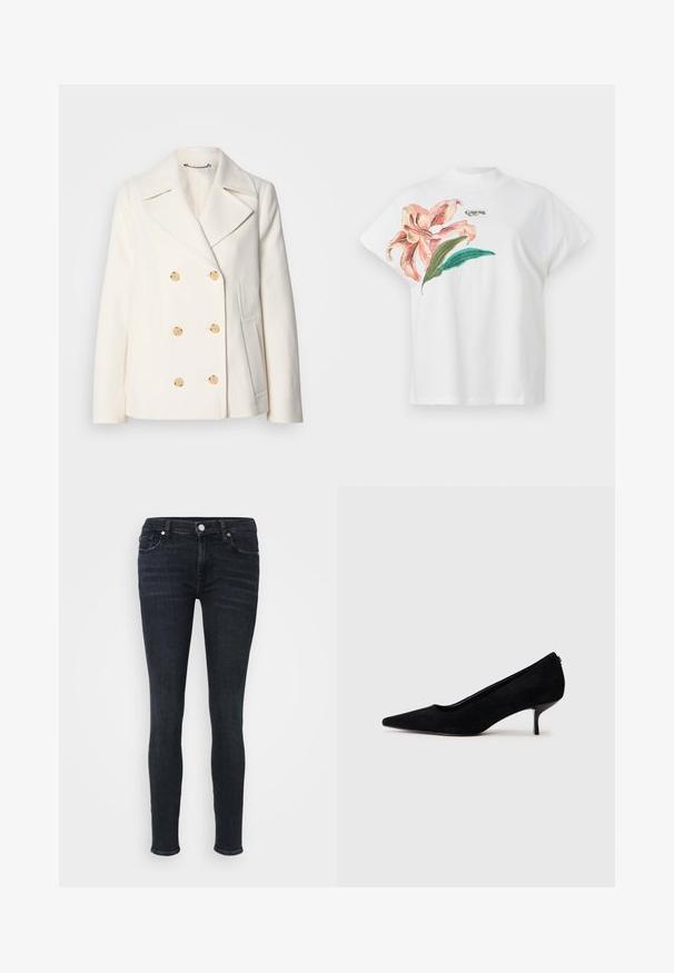 Kaksirivinen valkoinen takki, jossa on teksturoitu kangas, suuret kultasävytetyt napit, kauluksessa lovet ja sivutaskut.; Valkoinen puuvillapaita lyhythihaisilla, jossa on vaaleanpunainen kukkakuosi ja vihreitä lehtiä vasemmalla puolella. "Guess"-logo harmaana kuosin yläpuolella.; Hienot farkut tummasta indigon denimistä, joissa on keskikorkea vyötärö, klassinen viisi-taskuinen malli ja huomaamattomat tikkaus yksityiskohdat saumoissa.; Musta mokkanahkainen korkokenkä, jossa on teräväkärkinen muotoilu ja ohut, matala korko. Pintakuvio on sileä ja yksinkertainen, eikä siinä ole näkyvää metalliosaa.