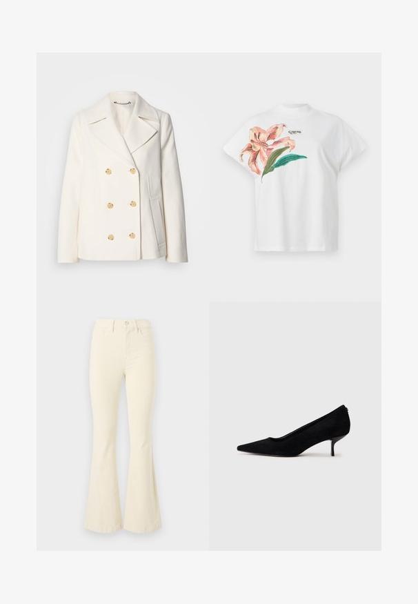 Kahekordne valge mantel tekstureeritud kangast, millel on suured kuldsete nuppudega, küljel olevad taskud ja nurgelised kraed.; Valge puuvillane T-särk lühikeste varrukatega, millel on vasakul küljel roosa lillemuster ja rohelised lehed. Üle disaini on hall "Guess" logo.; Kreemikad laiad teksad, mis on valmistatud puuvillast, kõrge vöökoha, nööbindega ja puhaste joontega ilma nähtavate mustrite või aktsentideta.; Must musta kõrge kontsaga king, millel on terav varvas ja õhuke, madal konts. Sile tekstuur ja sujuv disain, ilma nähtava riistvarata.