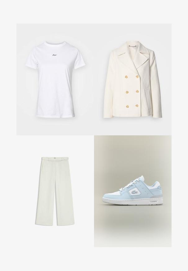 Double-breasted white coat in textured fabric, featuring large gold-tone buttons, notched lapels, and side pockets.; White cotton t-shirt with a crew neck, short sleeves, and a small black cursive logo on the chest. Smooth texture, regular fit.; Wide-leg pants in light cream fabric, featuring side pockets, a flat front, and a single button closure at the waist. Smooth texture.; Light blue leather sneaker with white accents, rounded toe, textured panel on the side, and a grey heel. Features classic lace-up design.