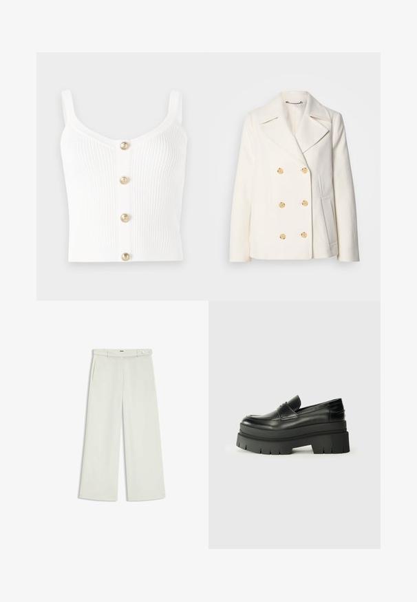 Dobbeltbrystet hvid frakke i struktureret stof med store guldfarvede knapper, spidsrevers og sidelommer.; Hvid ribbet strik tanktop med en scoop-udskæring og fem guld-tone knapper ned langs midten. Glat tekstur med slanke stropper.; Bredde bukser i lys cremefarvet stof, med sidelommer, flad front og en enkelt knaplukning i taljen. Glat tekstur.; Sorte læder loafers med en kraftig platformsål. Rund tå, forkant-søm detalje og subtile syninger. Flad, struktureret ydersål.