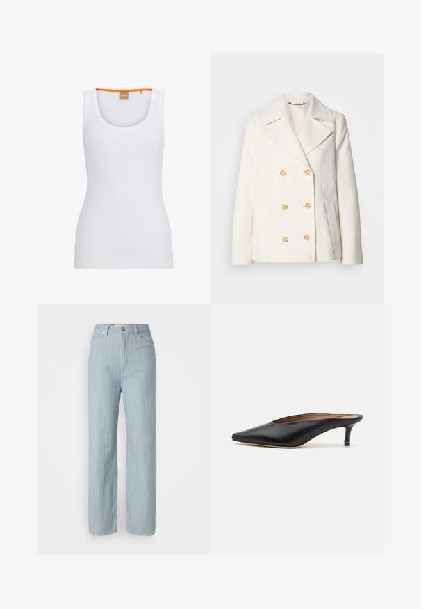 Kétgombos, fehér kabát textúrált anyagból, nagy arany színű gombokkal, csücskös gallérral és oldalzsebekkel.; Fehér bordázott ujjatlan felső, kerek nyakkivágással, amelynek belső gallérján kontrasztos narancssárga díszítés található, és testhez simuló szabású.; Világoskék egyenes szárú farmernadrág. Öt zsebbel, fém gombos záródással és finom kopási hatással a textúra érdekében rendelkezik.; Fekete bőr mules cipők, hegyes orral és alacsony, blokk sarkú kialakítással. Simább textúrával és elegáns dizájnnal. Nyitott hátú, minimális részletezéssel.