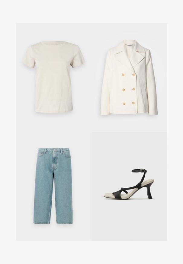 Cappotto bianco doppiopetto in tessuto texture, con grandi bottoni dorati, revers a scialle e tasche laterali.; T-shirt in cotone beige chiaro a maniche corte con scollatura rotonda e una sottile scritta sul davanti. Texture liscia e vestibilità comoda.; Shorts in denim azzurro chiaro con vita alta, taglio dritto e orlo grezzo. Presentano una chiusura classica con bottone e zip, quattro tasche.; Sandal con tacco nero e design con cinturino intrecciato, punta quadrata e cinturino alla caviglia regolabile. Soletta beige chiaro con tacco nero lucido.