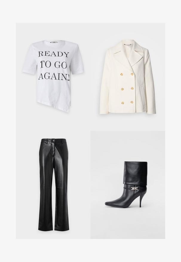 Kahekordne valge mantel tekstureeritud kangast, millel on suured kuldsete nuppudega, küljel olevad taskud ja nurgelised kraed.; Valge lühikeste varrukatega T-särk, millel on must trükk, mis ütleb "VALMIS UUESTI LÄHEDAL!" ja lennuki graafika alumises paremas nurgas.; Mustad nahkpüksid sirge jala disainiga, millel on esine nööp sulgemine, vöörihmade silmad ja sile, poleeritud tekstuur.; Mustad nahast pahkluu saapad terava nina, kõrge stilettokanna, volditud äärega ja kuldse dekoratiivse pandlaga pahkluul.