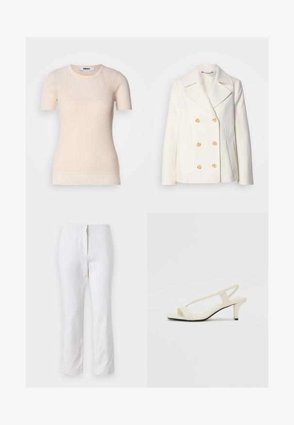 Dubultās krūšu baltas mētelis no teksturēta auduma, ar lieliem zelta toņa pogām, iegrieztiem uzgaļiem un sānu kabatām.; Krēma krāsas ribota t-kreklu ar īsām piedurknēm un apaļu kakla izgriezumu. Izgatavots no mīksta materiāla, ar pieguļošu siluetu un nelielu tekstūru. Redzams DKNY zīmols.; Baltas kokvilnas bikses ar taisnu kāju dizainu, ar vidēju augstumu un bez redzamām detaļām vai rakstiem. Visā virsmā ir gluda tekstūra.; Beige bloku papēžu sandales ar plānām siksnām un kvadrāta formas purngalu. Gluda materiāla virsma ar minimālām detaļām, paredzētas ērtai nēsāšanai.