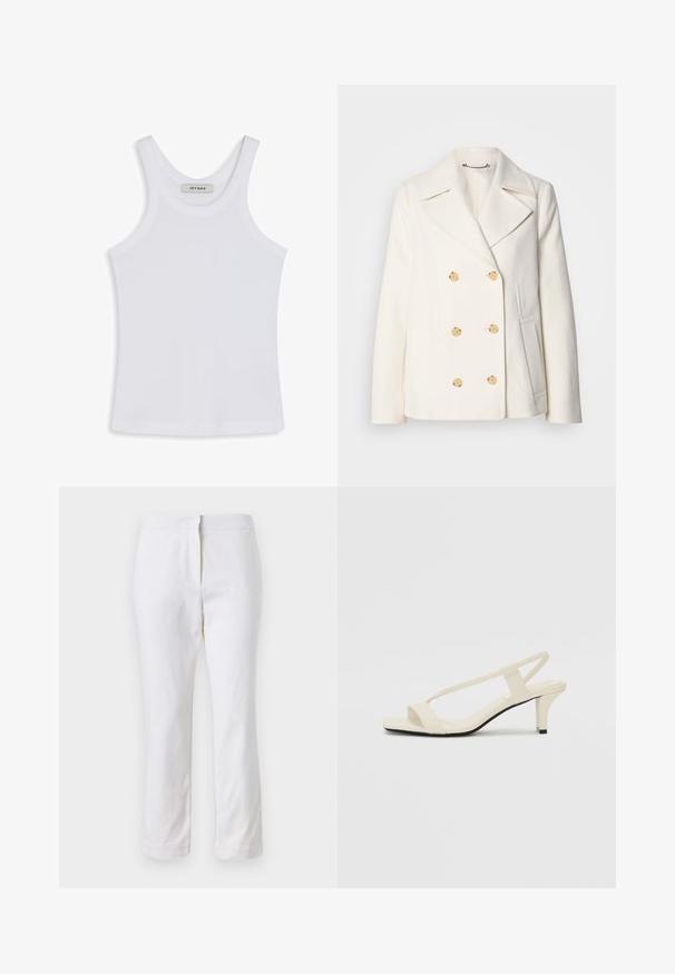 Dvipusė balta striukė iš tekstūrinio audinio, dekoruota dideliais auksinės spalvos mygtukais, su išpjautomis apykaklėmis ir šoninėmis kišenėmis.; Balta tank top'o viršutinė dalis, pagaminta iš lygaus audinio, su apvaliu iškirpimu ir plačiomis petnešomis, viduje yra etiketė su užrašu "IVY OAK."; Balti medvilniniai kelnių su tiesiu kojų dizainu, turintys vidutinį liemenį ir be matomų detalių ar raštų. Lygi tekstūra visame paviršiuje.; Kreminės blokų kulno šlepetės su plonomis dirželiais ir kvadratiniu pirštu. Lygus medžiaga su minimaliais akcentais, sukurtos lengvam dėvėjimui.