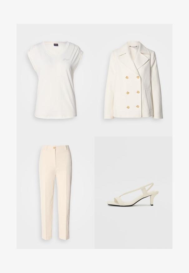 Dvipusė balta striukė iš tekstūrinio audinio, dekoruota dideliais auksinės spalvos mygtukais, su išpjautomis apykaklėmis ir šoninėmis kišenėmis.; Balta trumpa rankovėmis marškinėliai su apvalia iškirpte ir susiraukšlėtais pečiais. Diskretus logotipas iš kristalų kairėje pusėje. Minkšta audinio tekstūra.; Kreminės spalvos, aukštu liemeniu kelnės, pagamintos iš tekstūruoto audinio. Turi priekinį mygtuko užsegimą ir siaurėjantį kirpimą.; Kreminės blokų kulno šlepetės su plonomis dirželiais ir kvadratiniu pirštu. Lygus medžiaga su minimaliais akcentais, sukurtos lengvam dėvėjimui.