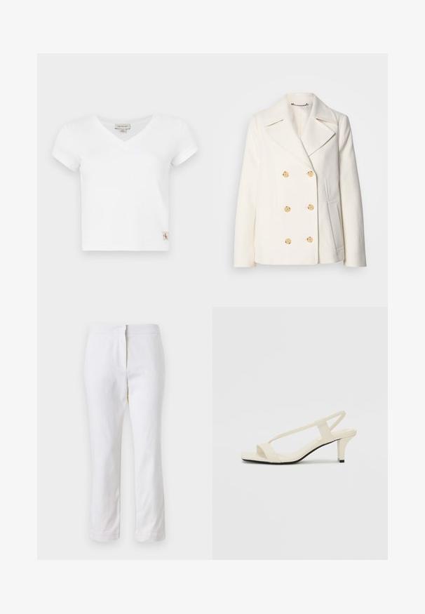 Kaksirivinen valkoinen takki, jossa on teksturoitu kangas, suuret kultasävytetyt napit, kauluksessa lovet ja sivutaskut.; Valkoinen V-pääntie t-paita lyhyillä hihoilla, valmistettu ribbikankaasta. Vasemmalla puolella helman lähellä on pieni logo-patch.; Valkoiset puuvillahousut suoralla lahkeella, joissa on keskikorkea vyötärö ja ei näkyviä varusteita tai kuvioita. Ehjä pinta kauttaaltaan.; Beige sandaalit, joissa on loiva korko, ohuet hihnat ja neliönmallinen varvasosa. Sileä materiaali, jossa on minimaalista yksityiskohtaa, suunniteltu helppokäyttöiseksi.