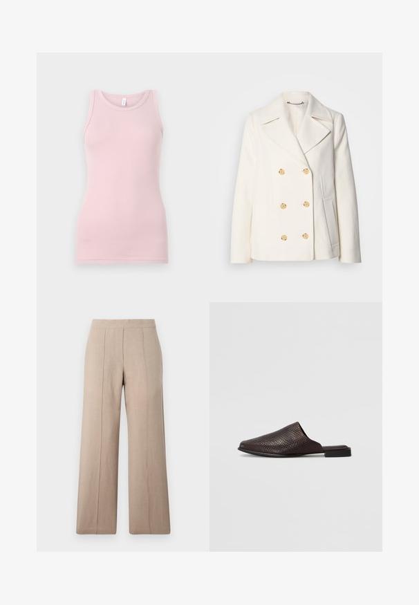 Double-breasted white coat in textured fabric, featuring large gold-tone buttons, notched lapels, and side pockets.; Light pink tank top made of soft, stretchy fabric. Features a round neckline and narrow shoulder straps, with a smooth texture and fitted shape.; Beige wide-leg trousers made of lightweight fabric, featuring front pleats, a smooth waistband, and a straight cut with clean hems.; Black slip-on mule made of textured material with a reptile pattern, featuring a low, flat heel and a rounded, open toe design.