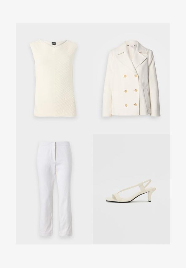 Double-breasted white coat in textured fabric, featuring large gold-tone buttons, notched lapels, and side pockets.; Sleeveless top in cream, featuring a V-neck, textured wavy pattern, and a fitted silhouette, made from a soft, stretchy fabric.; White cotton pants with a straight leg design, featuring a mid-rise waist and no visible hardware or patterns. Smooth texture throughout.; Beige block-heeled sandals with thin straps and a square toe. Smooth material with minimal detailing, designed for easy wear.