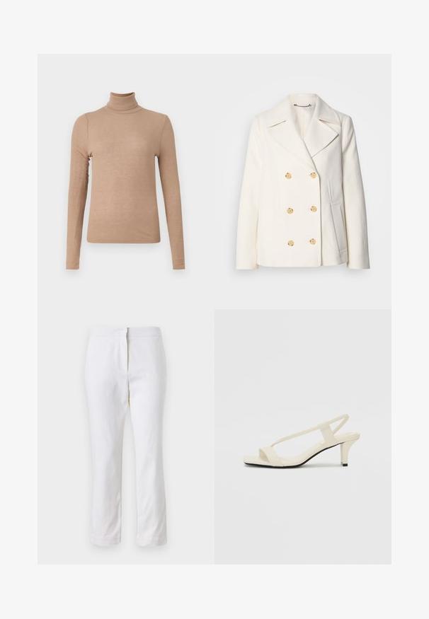 Kétgombos, fehér kabát textúrált anyagból, nagy arany színű gombokkal, csücskös gallérral és oldalzsebekkel.; Beige garbó pulóver bordás anyagból, hosszú ujjal és testhezálló fazonnal. Nincsenek látható minták vagy díszítések.; Fehér pamut nadrág egyenes lábformával, közepes derékkal, látható fémrészek vagy minták nélkül. Sima textúra az egész anyagon.; Beige színű, blokksarkú szandálok vékony pántokkal és négyzet alakú orral. Simább anyag, minimális részletezéssel, amely könnyű viselésre lett tervezve.