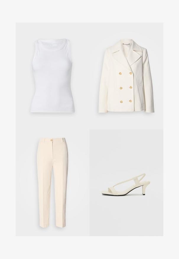 Dobbeltbrystet hvid frakke i struktureret stof med store guldfarvede knapper, spidsrevers og sidelommer.; Hvid ribbet tanktop med rund halsudskæring og ærmeløs design. Materialet virker glat med en tætsiddende silhuet. Ingen synlige mønstre eller accenter.; Cremefarvede, højtaljede bukser lavet af tekstureret stof. Har en lukning med knap foran og tætsiddende ben.; Beige blokhælede sandaler med tynde remme og en firkantet tå. Glat materiale med minimal detaljering, designet til nem brug.