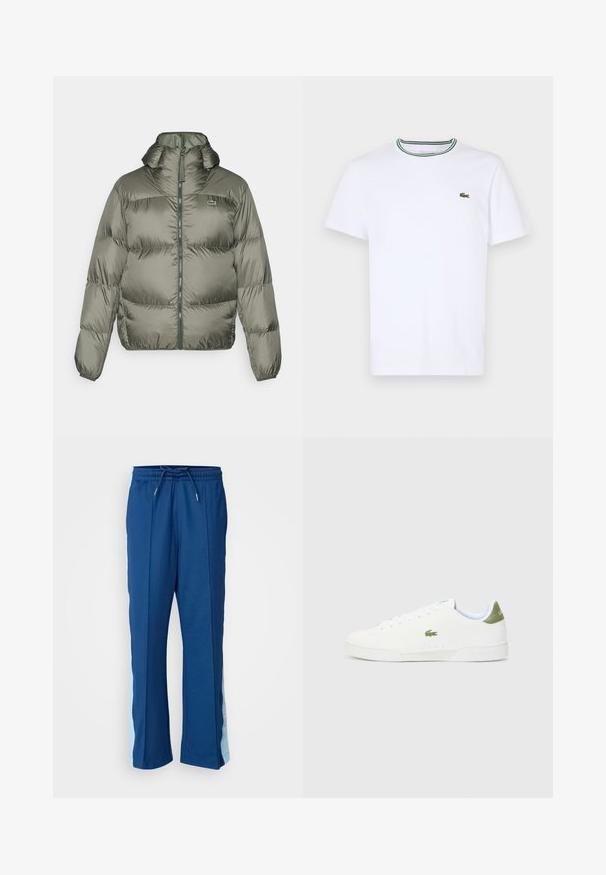 Olivengrüner Puffer-Jacke mit hohem Kragen, Reißverschluss vorne und elastischen Bündchen. Leicht gesteppter Design mit dezentem Branding-Detail.; Weißes Baumwoll-T-Shirt mit kurzen Ärmeln und geripptem Kragen, der grüne und schwarze Streifen hat; kleines grünes gesticktes Logo auf der linken Brust.; Marineblaue Sporthosen aus weichem Stoff, mit einem Kordelzugbund und hellblauen Seitenpanels mit einem dezenten Muster.; Weiße Sneakers mit glatter Textur, die an der Ferse einen grünen Akzent und ein kleines eingesticktes Krokodil-Logo an der Seite aufweisen.