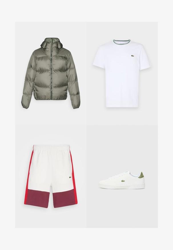 Pūdera jaka olīvu zaļā krāsā, ar augstu apkakli, ar rāvējslēdzēju priekšpusē un gumijas aprocēm. Viegls quiltēts dizains ar diskrētu zīmola detaļu.; Balta kokvilnas T-kreklā ar īsām piedurknēm un ribotu apkakli, kas rotāta ar zaļām un melnām svītrām; neliels zaļš izšūts logo kreisajā krūtī.; Lacoste ELEVATED COLORBLOCK - Treniņtērpa apakšdaļas - flour/red-spleen; Baltas sporta apavi ar gludu virsmu, ar zaļu akcentu uz papēža un mazu izšūtu krokodila logo sānos.
