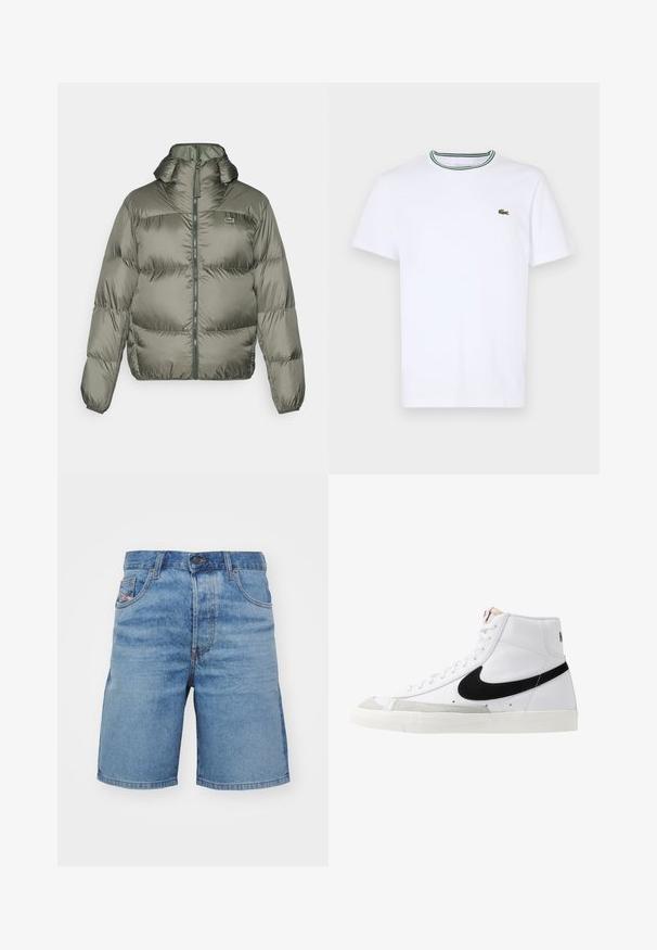 Παρκά σε ελιά, με ψηλό γιακά, μπροστινό φερμουάρ και ελαστικούς καρπούς. Ελαφρώς ραμμένο σχέδιο με διακριτική λεπτομέρεια της επωνυμίας.; Λευκό κοντομάνικο μπλουζάκι φτιαγμένο από βαμβάκι με rib κολάρο που διαθέτει πράσινες και μαύρες ρίγες; μικρό πράσινο κεντητό λογότυπο στην αριστερή πλευρά του στήθους.; Ανοιχτό μπλε τζιν σορτς με κλασική εφαρμογή, ελαφριά φθορά, σχέδιο πέντε τσεπών και ραφές σε χάλκινο τόνο. Διαθέτει μπροστινό κούμπωμα.; Λευκά ψηλά μορφωμένα παπούτσια με μαύρη γραμμή, υφασμάτινη γκρι μύτη και επίπεδη λευκή σόλα. Διαθέτει έξι τρυπήματα και ραμμένες λεπτομέρειες.