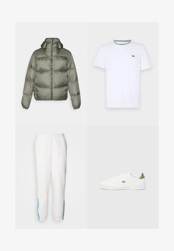 Pufová bunda v olivovozelenej farbe s vysokým golierom, zipsom vpredu a elastickými manžetami. Jemne prešívaný dizajn s decentným logom.; Biela bavlnená tričko s krátkym rukávom a rebrovaným golierom s zelenými a čiernymi pruhmi; malá zelená vyšitá logo na ľavej hrudi.; Biele teplákové nohavice s elastickým pásom, so zelenými a modrými bočnými pruhmi. Mäkká tkanina s úzkym strihom na členkoch.; Biele tenisky s hladkým povrchom, s zeleným akcentom na päte a malým vyšitým logom krokodíla na boku.