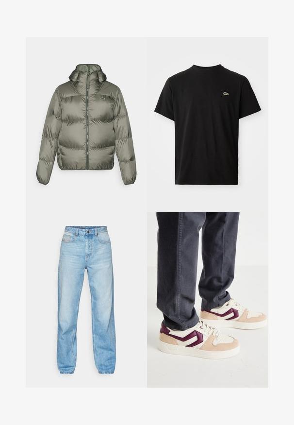 Olíva zöld színű pufi dzseki, magas gallérral, cipzáras elülső résszel és rugalmas mandzsettákkal. Könnyen steppelt kialakítás, diszkrét márkajelzéssel.; Fekete, rövid ujjú póló kerek nyakkivágással, bal mellen kis zöld krokodil logóval, sima háttér előtt.; Világoskék farmernadrág, egyenes szabással, öt zsebes dizájnnal és látható gombos cipzárral, kontrasztos varrással.; Tehát egy krém színű felsőrészű sneakers, rózsaszín velúr részletekkel és bordó geometrikus mintával. Vastag fehér talp és texturált részletekkel rendelkező cipőfűző.
