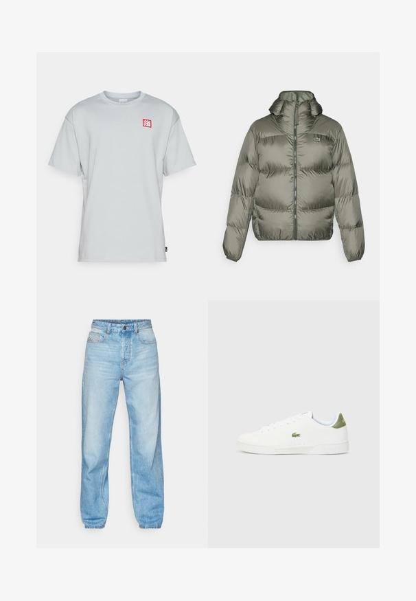 Zeleno-olivová péřová bunda s vysokým límcem, předním zipem a elastickými manžetami. Lehce prošívaný design s diskrétními detaily značky.; Nike Performance LIVERPOOL FC NIKE PRM JOCKTAG TEE - Klubové oblečení - light smoke grey; Světle modré džíny vyrobené z denimu, s rovný střihem, pěti kapsami a viditelným zapínáním na knoflíky se kontrastním prošíváním.; Bílé tenisky s hladkým povrchem, s zeleným akcentem na patě a malým vyšívaným logem krokodýla na boku.