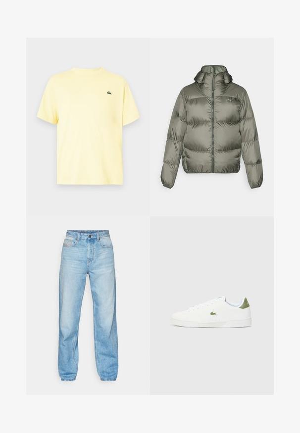 Olive spalvos pūkinė striukė, su aukštu apykakle, užtrauktuku priekyje ir elastingomis rankovėmis. Lengvai siuvinėtas dizainas su subtiliu prekiniu ženklu.; Geltona medvilninė trumpomis rankovėmis marškinėliai, su apvalia iškirpte ir mažyčiu žaliu siuvinėtu logotipu kairėje krūtinės pusėje. Lygus paviršius ir laisvas kirpimas.; Šviesiai mėlyni džinsai, pagaminti iš džinsinio audinio, turi tiesų kirpimą, penkių kišenių dizainą ir matomą mygtukinę užsegimą su kontrastingu siuvimu.; Baltos sportiniai bateliai su lygaus paviršiaus tekstūra, kuriuose yra žalias akcentas kulne ir mažas siuvinėtas krokodilo logotipas šone.