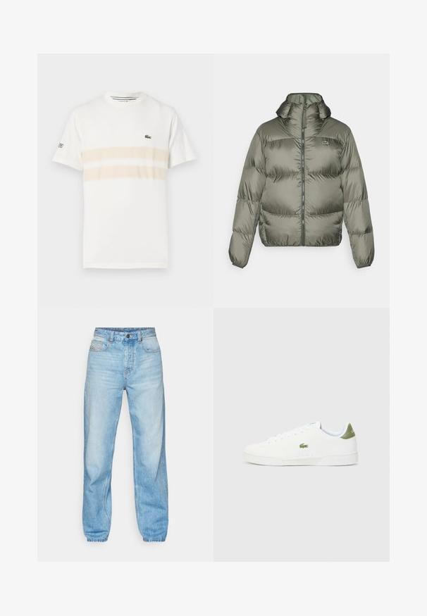 Zeleno-olivová péřová bunda s vysokým límcem, předním zipem a elastickými manžetami. Lehce prošívaný design s diskrétními detaily značky.; Bílý bavlněný tričko s dvěma vodorovnými béžovými pruhy, malým vyšitým logem na hrudi a kulatým výstřihem. Krátké rukávy.; Světle modré džíny vyrobené z denimu, s rovný střihem, pěti kapsami a viditelným zapínáním na knoflíky se kontrastním prošíváním.; Bílé tenisky s hladkým povrchem, s zeleným akcentem na patě a malým vyšívaným logem krokodýla na boku.