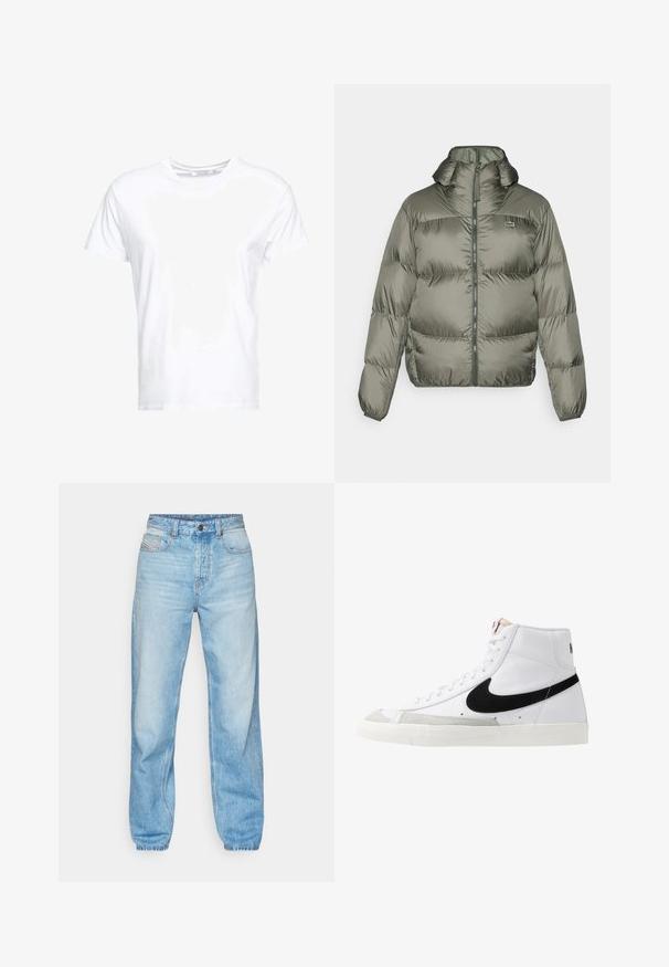 Vihreä puhvijakku, jossa on korkea kaulus, vetoketjukiinnitys ja joustavat hihansuut. Kevyesti päällystetty muotoilu, jossa on hillitty brändityyny.; Valkoinen puuvillapaita, jossa on pyöreä pääntie ja lyhyet hihat. Klassinen istuvuus ja sileä pinta. Ei näkyviä kuvioita tai varusteita.; Vaaleansiniset farkut, joissa on suora leikkaus, viisi taskua ja näkyvä nappikiinnitys, jossa on kontrastivärinen ommel.; Valkoiset korkeavartiset tennarit, joissa on musta swoosh, teksturoitu harmaa varvaskuppi ja litteä valkoinen pohja. Varustettu kuudella reiällä nauhoille ja ommelluilla yksityiskohdilla.