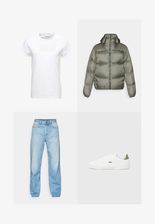 Olijfgroene pufferjack met een hoge kraag, ritssluiting aan de voorkant en elastische manchetten. Licht gewatteerd ontwerp met subtiele merkdetails.; Witte katoenen T-shirt met korte mouwen, ronde halsontwerp en een gladde textuur. Label zichtbaar bij de halslijn. Eenvoudige en klassieke stijl.; Lichtblauwe jeans van denim, met een rechte pasvorm, vijf zakken en een zichtbare gulp met contrasterende stiksels.; Witte sneakers met een gladde textuur, voorzien van een groene accent bij de hiel en een klein geborduurd krokodillenlogo aan de zijkant.