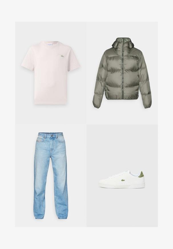 Zeleno-olivová péřová bunda s vysokým límcem, předním zipem a elastickými manžetami. Lehce prošívaný design s diskrétními detaily značky.; Svetle růžové bavlněné tričko s kulatým výstřihem, krátkými rukávy a vyšitým logem Lacoste v zelené barvě na hrudi. Měkká textura.; Světle modré džíny vyrobené z denimu, s rovný střihem, pěti kapsami a viditelným zapínáním na knoflíky se kontrastním prošíváním.; Bílé tenisky s hladkým povrchem, s zeleným akcentem na patě a malým vyšívaným logem krokodýla na boku.