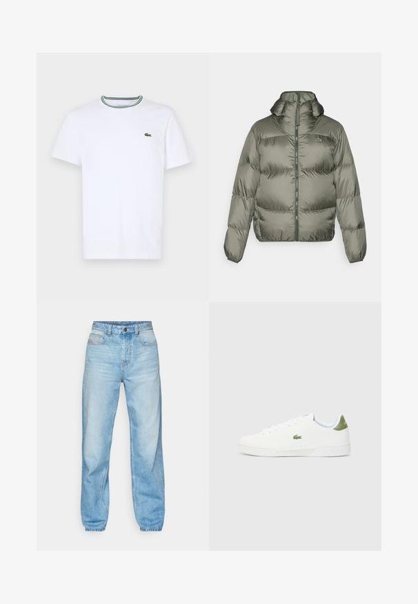 Olíva zöld színű pufi dzseki, magas gallérral, cipzáras elülső résszel és rugalmas mandzsettákkal. Könnyen steppelt kialakítás, diszkrét márkajelzéssel.; Fehér pamut, rövid ujjú póló bordás gallérral, zöld és fekete csíkokkal; kis zöld hímzett logó a bal mellen.; Világoskék farmernadrág, egyenes szabással, öt zsebes dizájnnal és látható gombos cipzárral, kontrasztos varrással.; Fehér sportcipő sima textúrával, zöld akcentussal a sarkán, és egy kis hímzett krokodil logóval az oldalán.