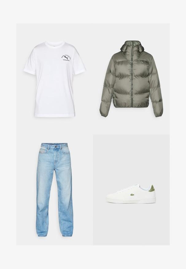 Olijfgroene pufferjack met een hoge kraag, ritssluiting aan de voorkant en elastische manchetten. Licht gewatteerd ontwerp met subtiele merkdetails.; Witte katoenen t-shirt met een ronde hals en korte mouwen. Bevat zwart logo-tekst en grafisch ontwerp aan de linkerkant. Basis, eenvoudig ontwerp.; Lichtblauwe jeans van denim, met een rechte pasvorm, vijf zakken en een zichtbare gulp met contrasterende stiksels.; Witte sneakers met een gladde textuur, voorzien van een groene accent bij de hiel en een klein geborduurd krokodillenlogo aan de zijkant.
